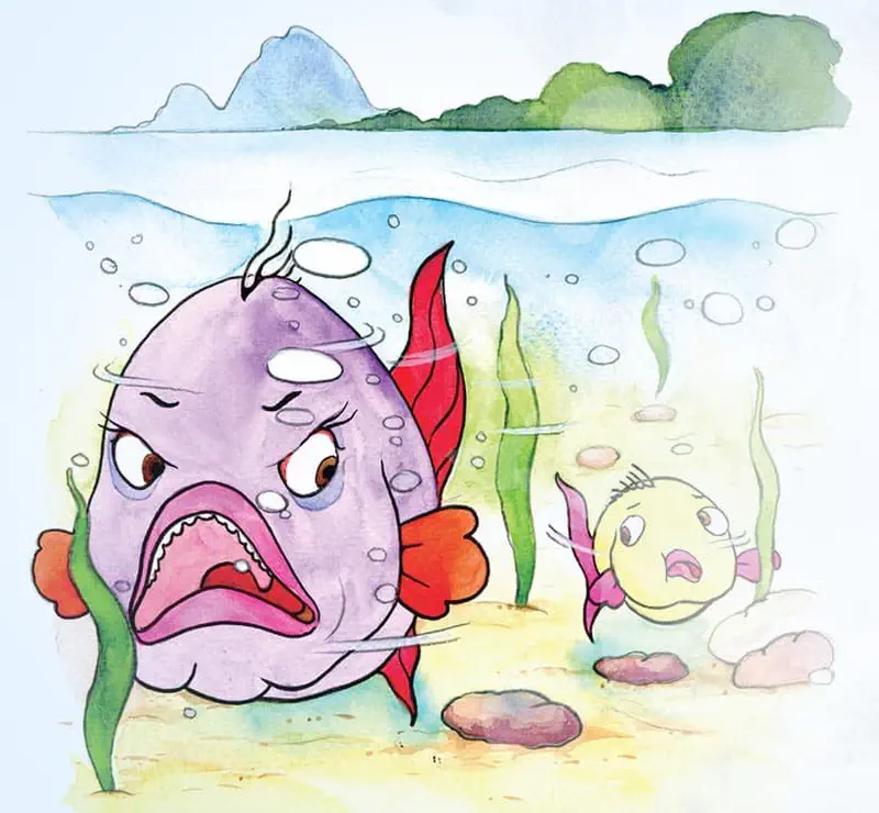 An angry purple fish with sharp teeth yells while the worried little yellow fish watches from behind in the shallow water.
