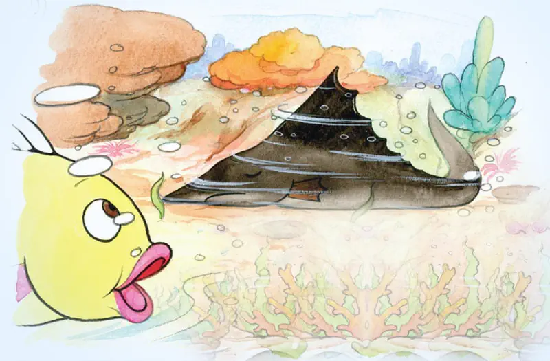 The curious little yellow fish discovers a large dark stingray resting on the sandy ocean floor surrounded by coral and seaweed.