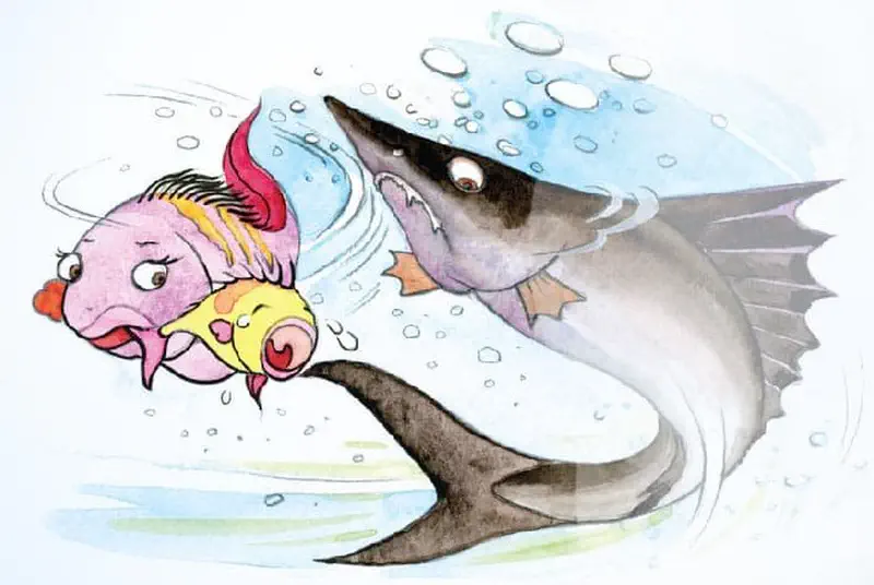 The mother fish protects her little yellow child as they swim quickly to escape from a chasing shark in the deep water.