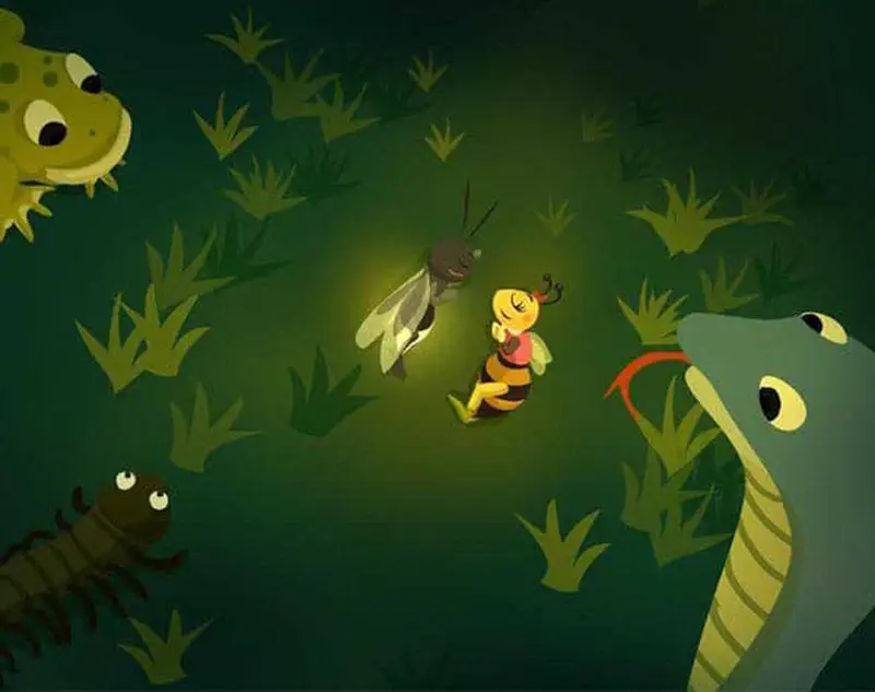 A dark forest scene where the little bee meets a glowing firefly while surrounded by creatures including a frog, snake, and centipede.