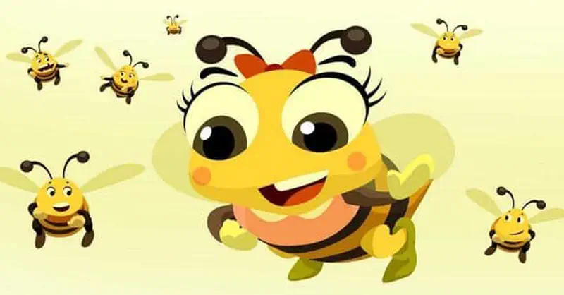 A cute little bee with a red bow and big eyes smiles happily while flying with other bees against a sunny yellow background.