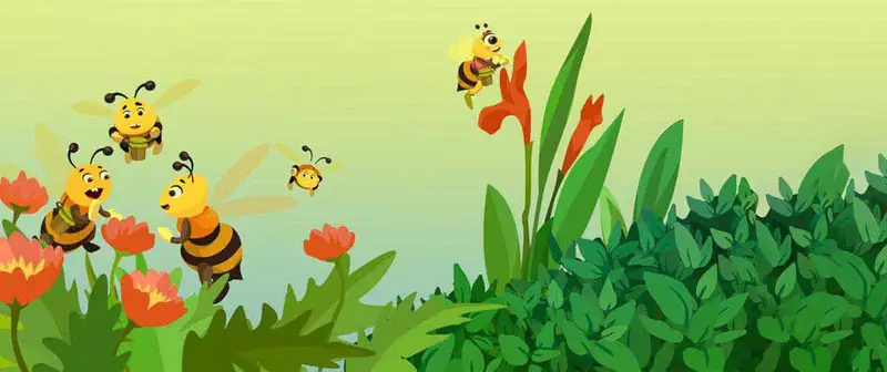 A group of cheerful bees collect nectar from red flowers in a lush green garden with tall plants and bushes.