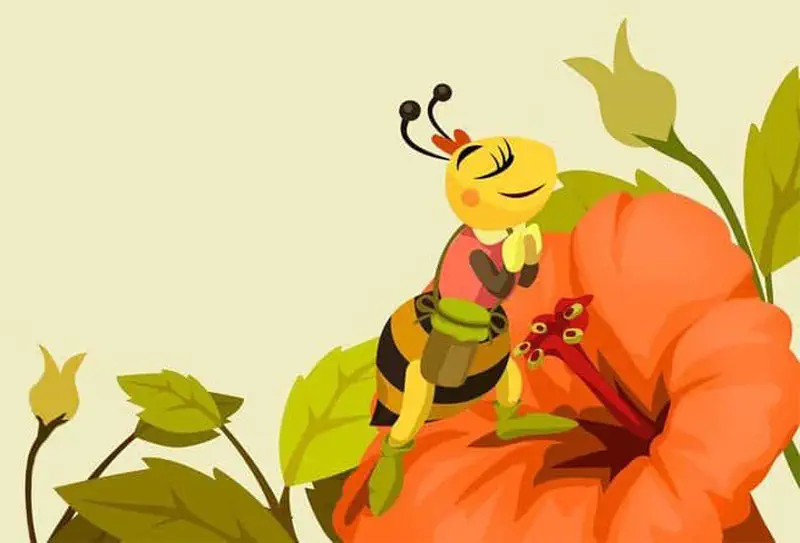 A content little bee wearing a red bow sits peacefully on a large orange flower holding a pot of honey.