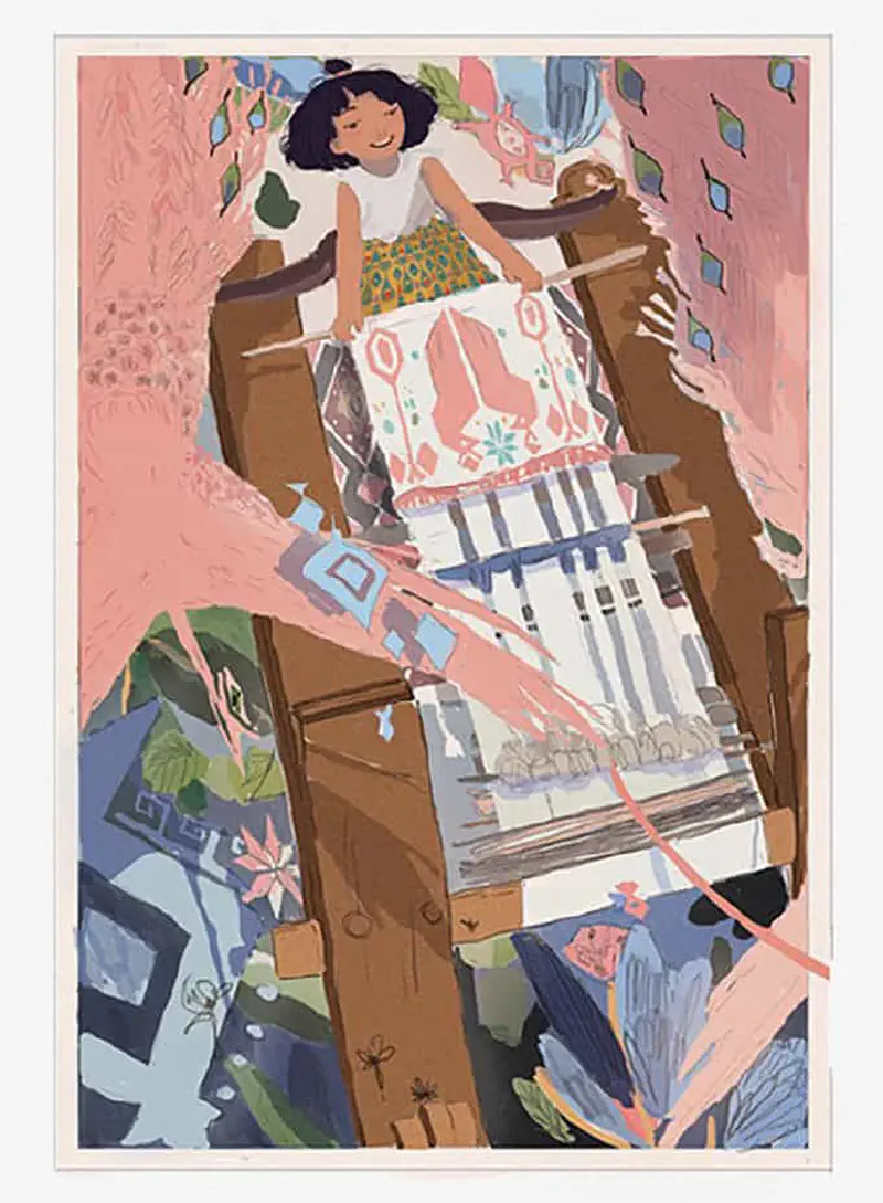 A smiling girl weaves a beautiful patterned fabric on a wooden loom surrounded by colorful textiles and pink decorative elements.