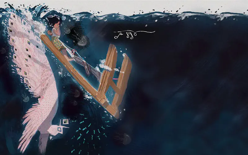 A girl holds onto a wooden loom as it floats in deep dark ocean water with a magical pink woven fabric trailing behind.