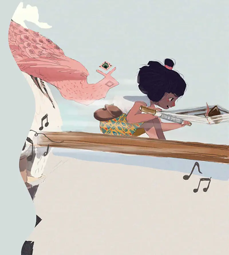 A girl flies through the sky on a magical loom while a pink bird offers her a woven square with music notes floating around.