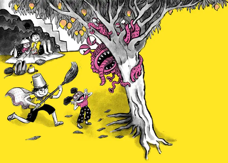 A boy with a pot on his head charges at a pink monster in a mango tree while a scared girl screams and other children watch nearby.