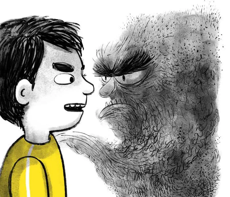 A boy in a yellow shirt faces a large furry gray monster with angry eyes emerging from dark smoke beside him.