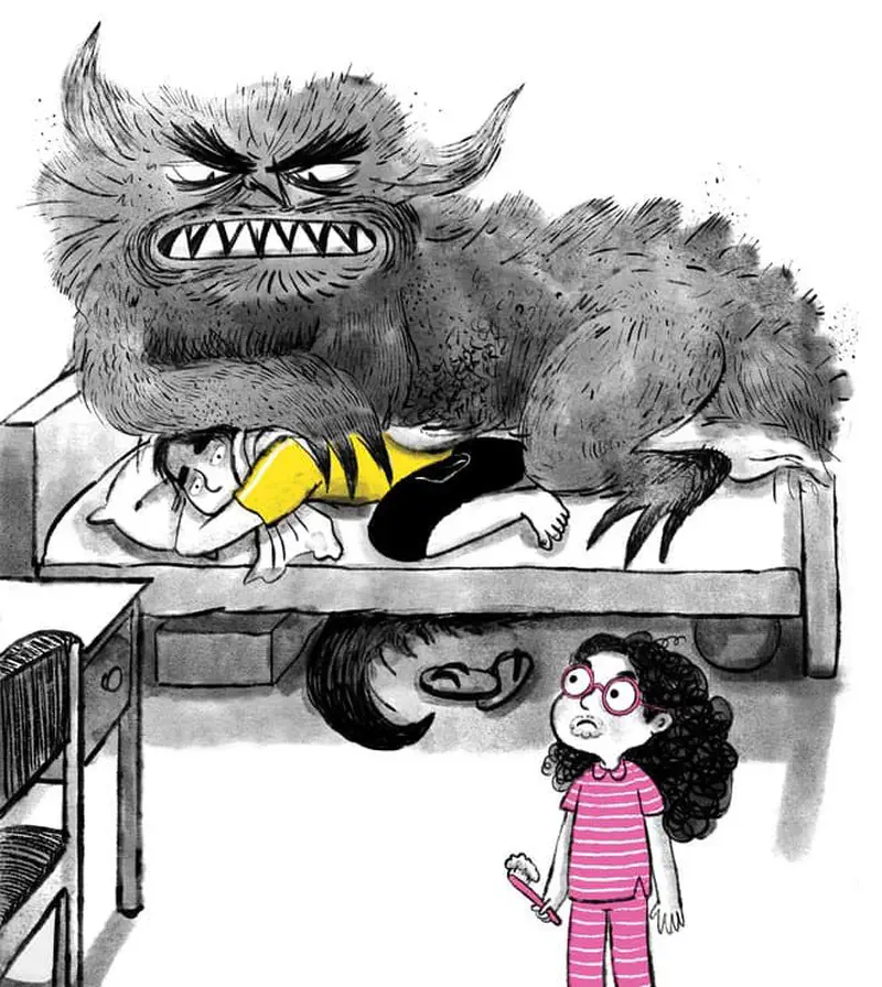 A huge furry monster with sharp teeth looms over a boy in yellow on a bunk bed while a girl in pink watches from below.
