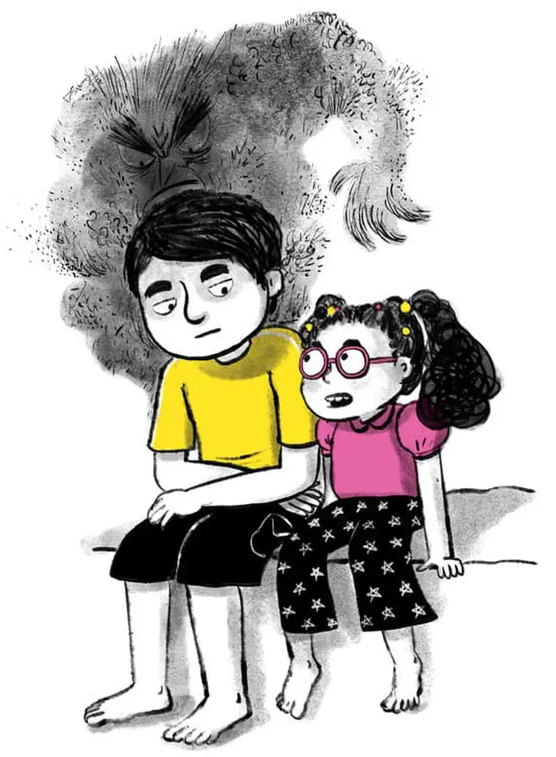 A sad boy in yellow sits hunched over with a fading monster cloud while his sister in pink sits beside him offering comfort.
