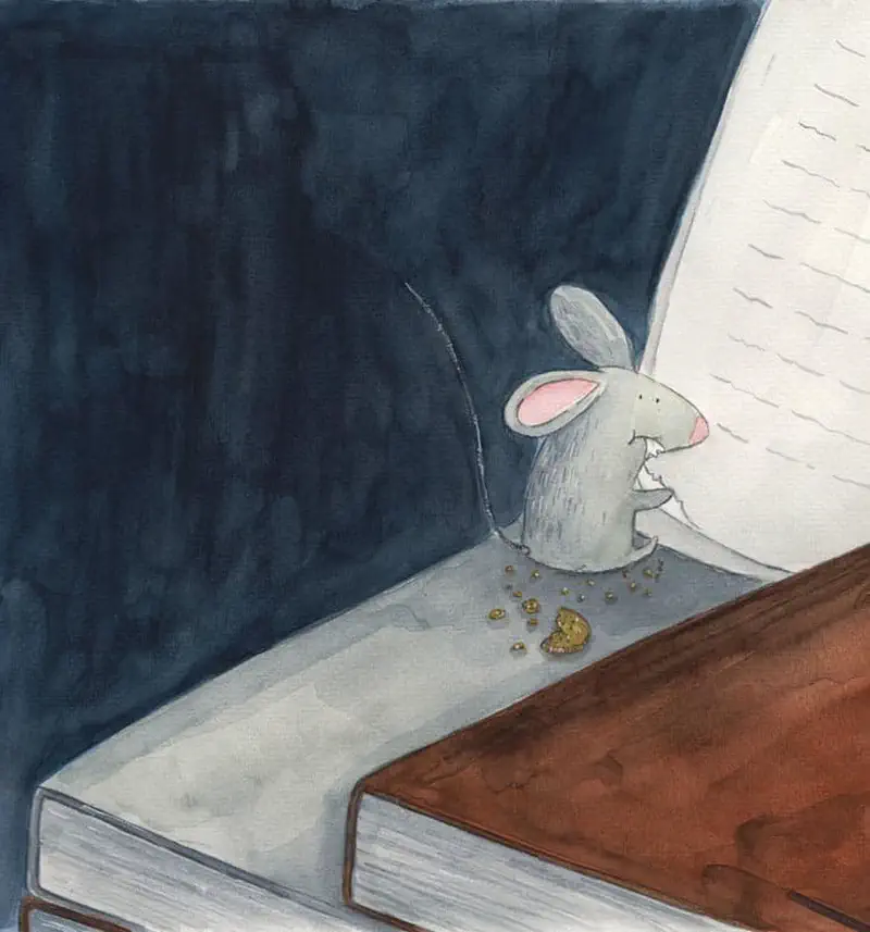 A gray mouse with pink ears reads a book on a shelf while eating cookie crumbs against a dark blue background.