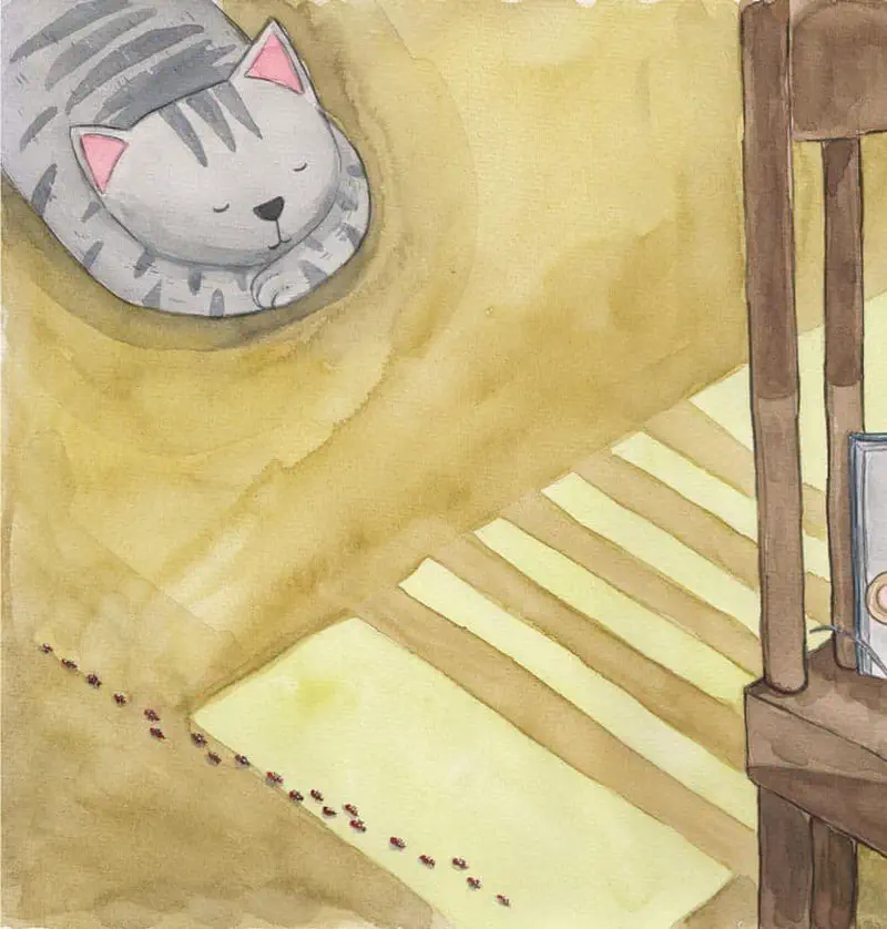 A gray striped cat sleeps curled up on the floor while tiny mouse footprints lead across the room to the stairs.