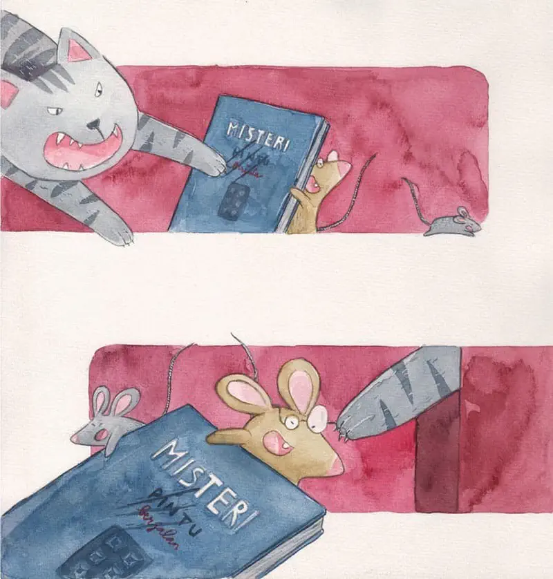 Two panels showing a cat grabbing a mystery book while mice hide, then the mice escaping with the book as the cat watches.