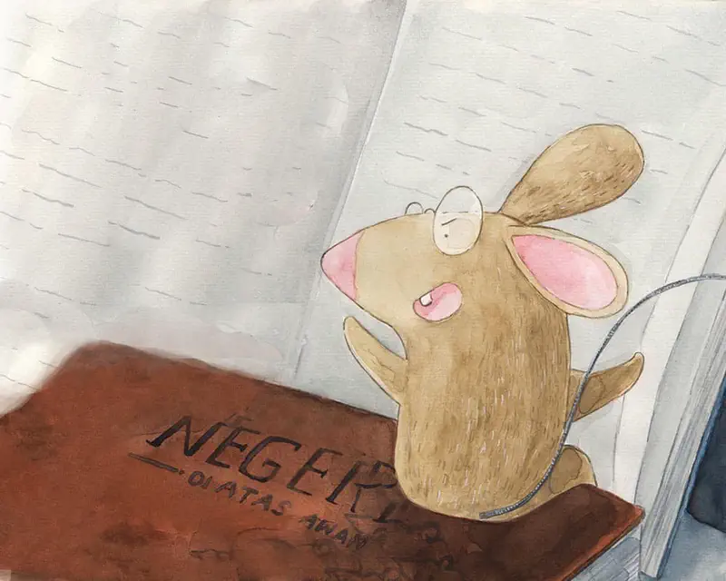 A happy brown mouse stands on a book reading an open book with delight, surrounded by pages on a bookshelf.