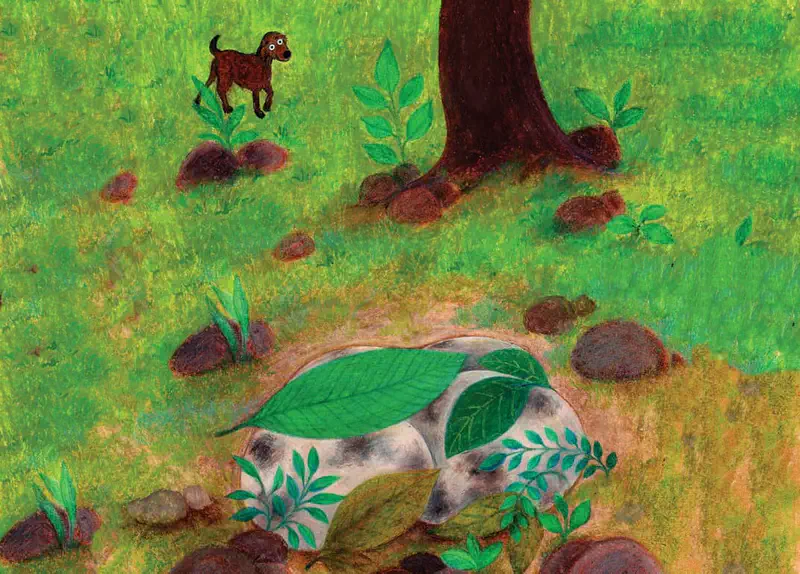 A brown dog stands in a grassy field near a tree while four speckled eggs lie hidden under green leaves in the foreground.