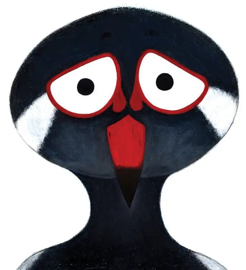 Close-up of the lapwing bird's worried face with large red-rimmed white eyes and a pointed red beak against a dark head.