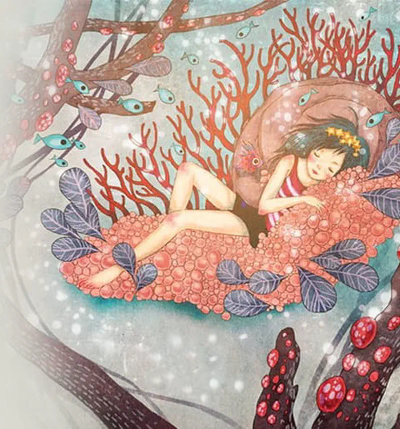 A girl in a red swimsuit sleeps peacefully on pink coral underwater, surrounded by colorful fish and sea plants.