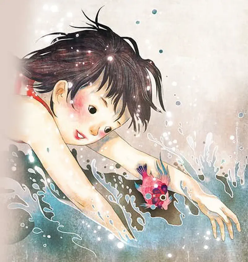 A girl swims underwater reaching toward a small pink fish, surrounded by bubbles and white coral splashes.