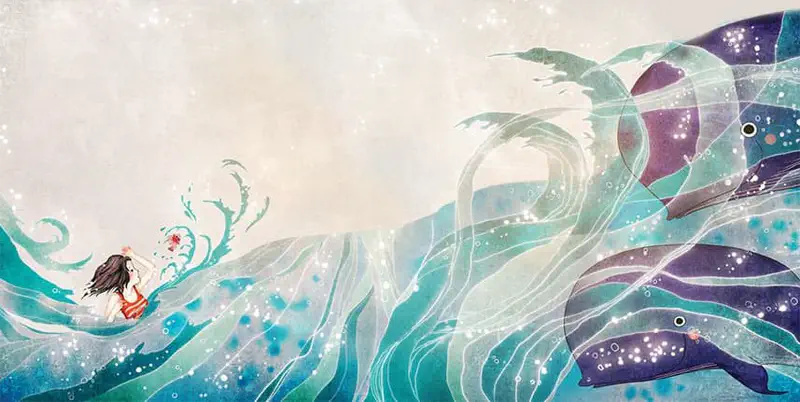 A girl floats in swirling ocean waves while two large whales swim beside her in flowing blue and purple water.