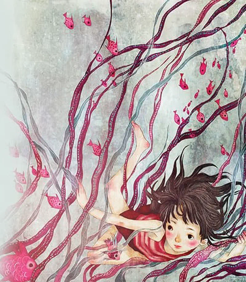 A girl in a red swimsuit dives downward through swaying purple and pink seaweed with fish swimming around her.