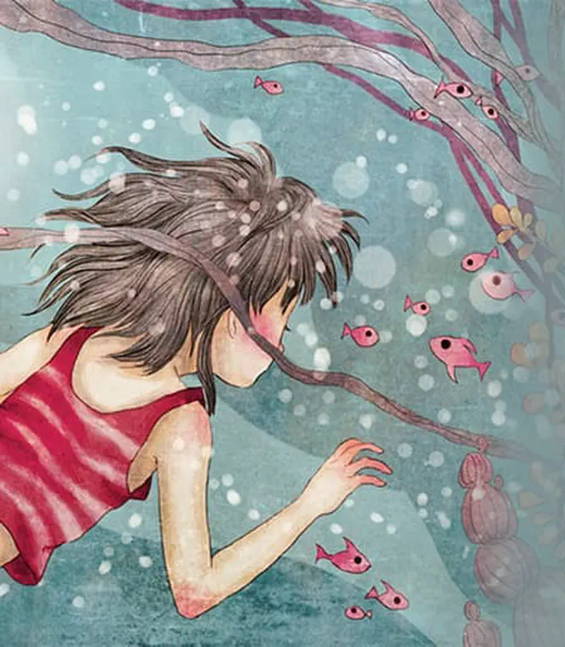 A girl swims underwater among tree-like branches with pink fish, reaching toward the coral and sea life below.