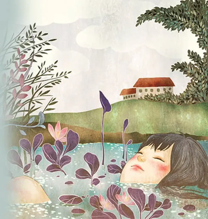 A girl floats peacefully in a pond with purple water plants, a cottage visible on the green hillside behind her.