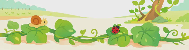 In the lower half of the image, a large leafy vine stretches across the ground from left to right, with broad green leaves and curling tendrils. A small snail sits atop one of the leaves on the left, and a ladybug rests on another leaf near the centre. On the right side, a separate vine climbs upward along a twisted branch with smaller green leaves. The scene is set outdoors on a bright day, with a soft watercolour background showing a fenced yard and distant hills in the upper left. The top half of the image is mostly open sky and light background.