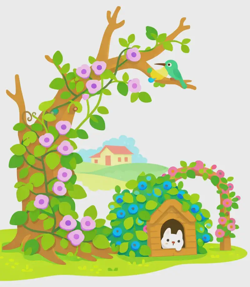 On the left side of the image, a large tree trunk is heavily wrapped in flowering vines with pink-purple blossoms and broad green leaves, with a small house visible in the background on a grassy hill. A small hummingbird is perched on a branch near the top of the vine-covered tree. In the lower-centre area, a wooden garden arch and small structure (resembling a doghouse or garden shed) are almost completely overtaken by dense green vines bearing blue berries, with a flowering pink vine climbing over the arch beside it. A small animal (possibly a cat or rabbit) peeks out from inside the vine-covered structure. The scene is set outdoors on a bright, sunny day with a plain white background occupying the right portion of the image.