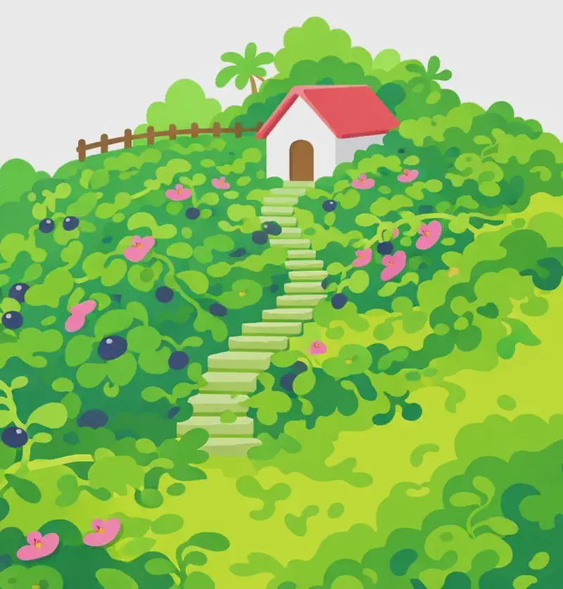 A lush, overgrown outdoor landscape painted in watercolour style, with thick, wild vines bearing pink flowers and dark berries sprawling across the bottom and left of the scene. On the right side, a small house with a peaked roof sits on a hillside behind a wooden fence, with stone steps leading up to it — the surrounding yard and trees are being overtaken by dense, tangled greenery. The scene is set in bright daylight with a white sky, conveying how invasive vines have spread across the entire rolling hillside.