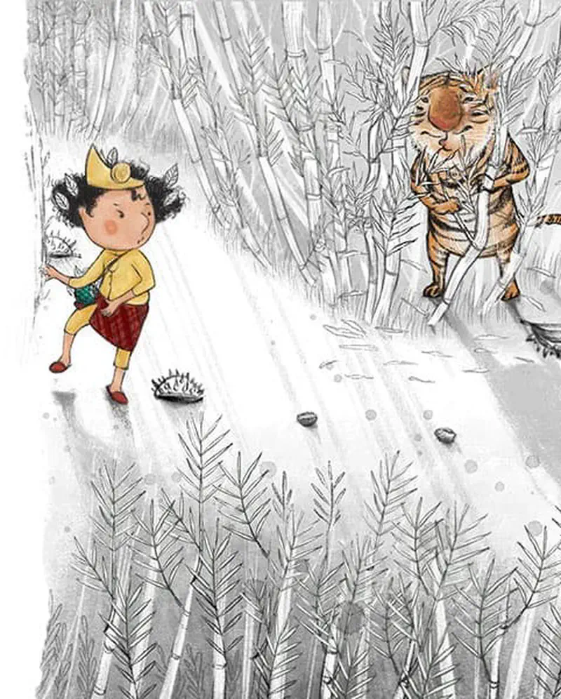 A young prince in yellow royal clothes backs away from a tiger emerging from a bamboo forest on a misty path.