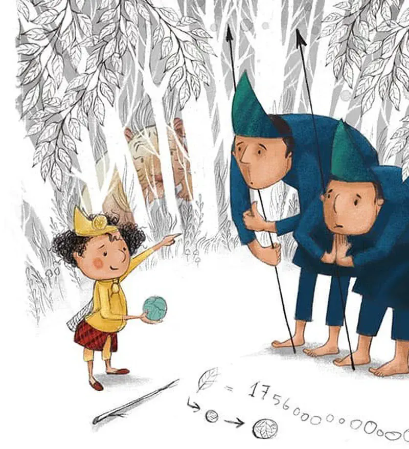 The prince points at a tiger hiding in bamboo while two guards in blue uniforms with spears listen to him.