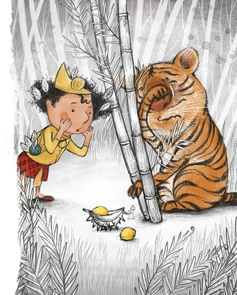 The prince covers his mouth in surprise while meeting a large tiger sitting peacefully by bamboo stalks with mangoes nearby.