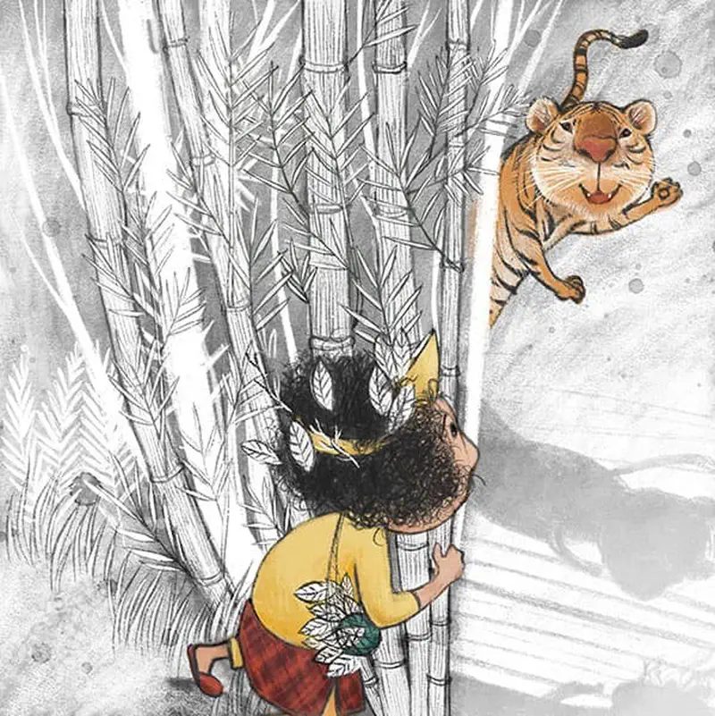The prince hides behind bamboo stalks while a friendly tiger leaps toward him in a misty forest.