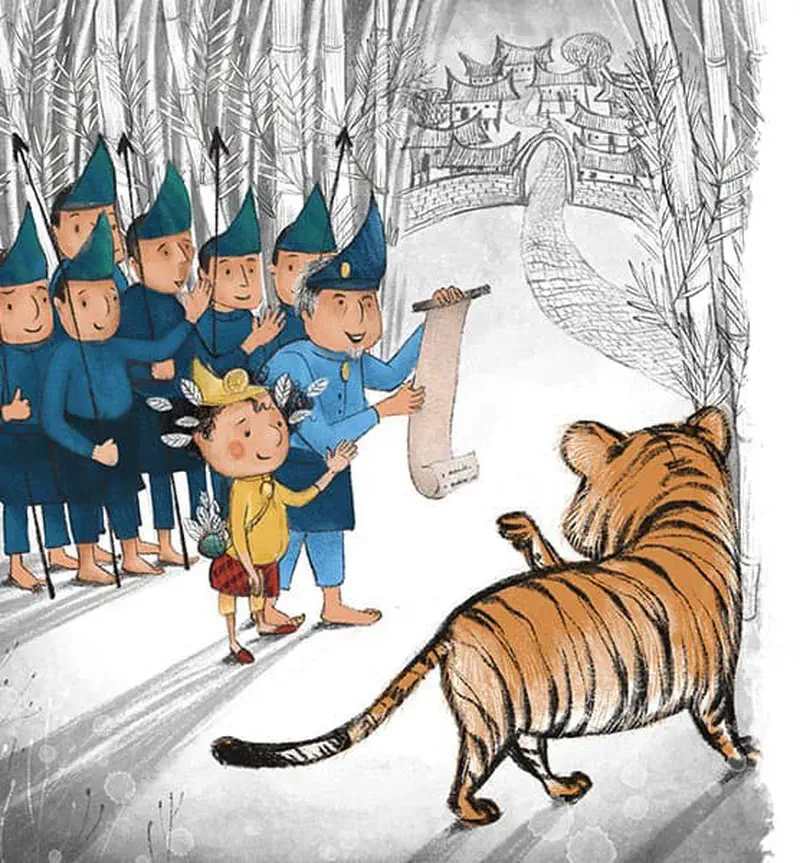 The prince stands with guards in blue uniforms holding a scroll while the tiger faces them near the palace gate.