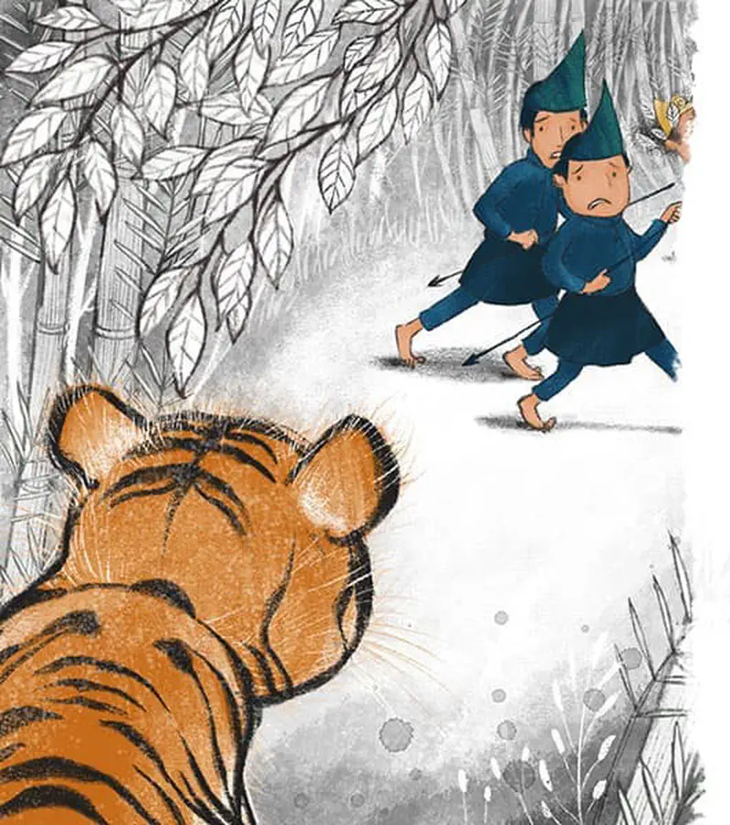The back of a tiger's head watches two scared guards in blue running away through the bamboo forest.