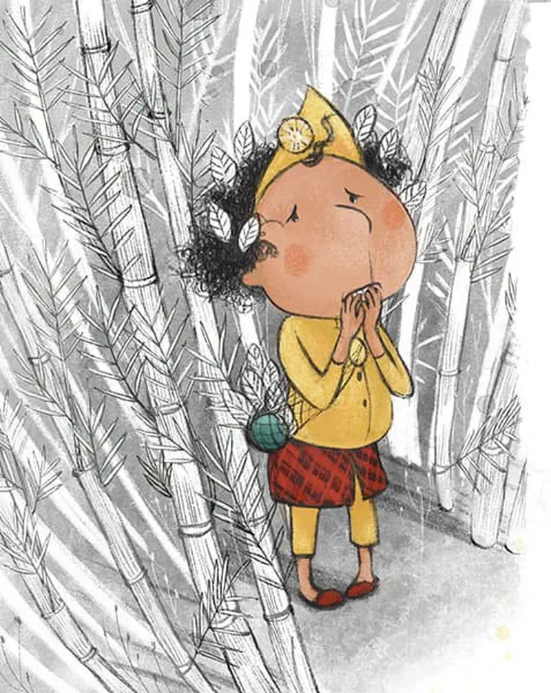 The prince stands alone in the bamboo forest with eyes closed and hands clasped together as if making a wish.