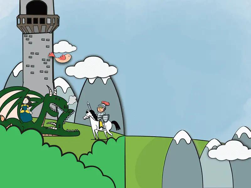 A knight on horseback faces a dragon near a tower while the princess watches, with snowy mountains in the background.