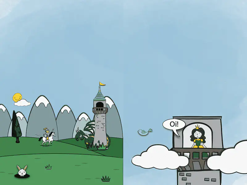 A knight rides toward a tower with a dragon coiled around it while the princess calls out from another tower across the sky.