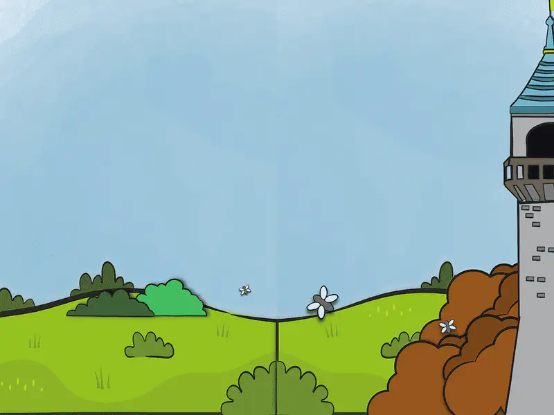 Green rolling hills with bushes lead to a tall stone tower with a blue roof against a clear blue sky.