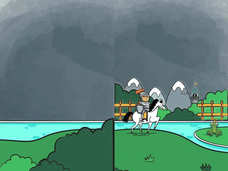 A knight rides a horse under stormy gray skies toward a distant tower where the princess waits, with a frog watching.