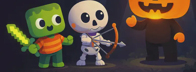 On the right side of the image, Jack stands in a dark, spooky nighttime forest, illuminated by a beam of moonlight from above. Jack has a glowing jack-o'-lantern head with a carved jagged mouth and dark triangular eyes, a green stem and leaf on top, with a dark brown body and orange mitten-like hands. Zom and Skel stand to the left of Jack, staring at him with wide-eyed amazement and surprise. The scene is very dark with shadowy trees in the background, creating an eerie atmosphere. The left side of the image is mostly dark open space suitable for text overlay.