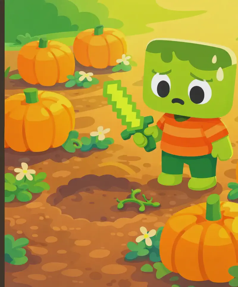 On the right side of the image, Zom stands at the edge of his pumpkin patch, looking down at a conspicuously empty spot with a worried, suspicious expression. The patch is shown from a slightly elevated angle, with several large orange pumpkins scattered across brown earth among small plants and white flowers. One spot in the patch is clearly empty where a pumpkin has been plucked from its vine, with a bare patch of dirt and a snapped vine visible. The scene is set outdoors in morning light. The left side is a dark, plain background area suitable for text overlay.