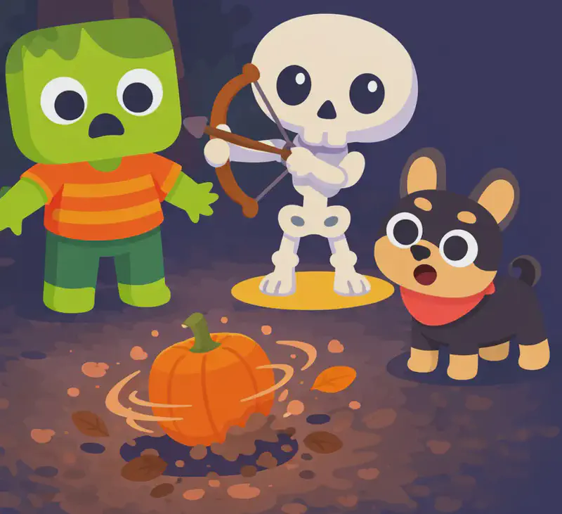 On the left side of the image, Zom stands on a dark path looking shocked with arms slightly out, staring at a pumpkin that is spinning and wobbling in the dirt, kicking up soil and leaves around it. Skel stands just behind and to the right of Zom, also looking astonished at the spinning pumpkin. Bones stands nearby on all fours, alert and barking at the commotion. The scene is set outdoors at nighttime in a dimly lit yard with a large tree trunk visible in the background and dark, moody lighting.