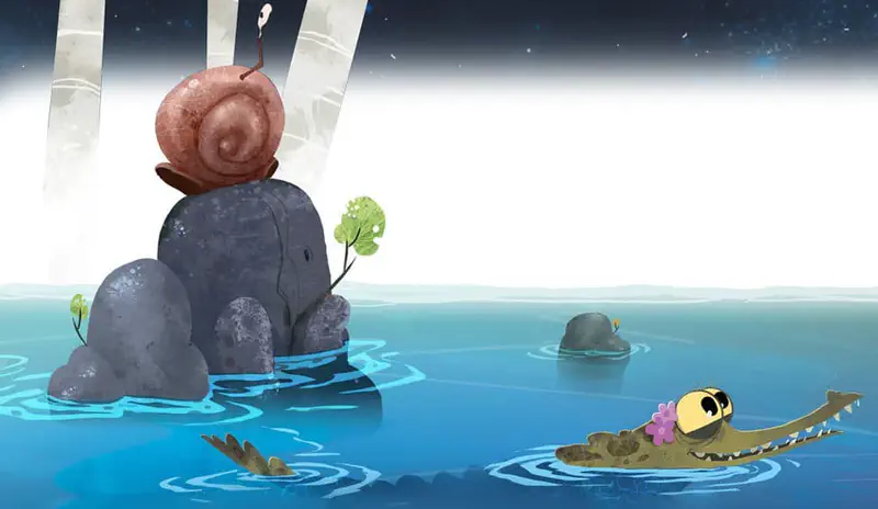 A snail sits on rocks in the water while a crocodile with a pink flower swims nearby under a misty sky.