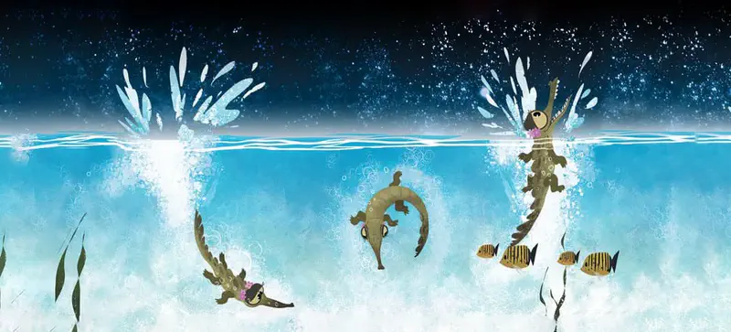 Three crocodiles dive and splash playfully underwater with striped fish swimming nearby under a starry night sky.
