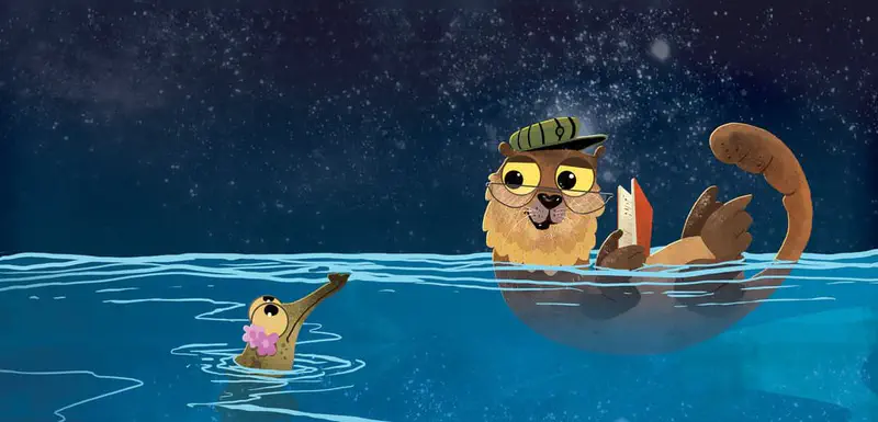 A beaver wearing glasses and a cap floats on his back reading a book while a small crocodile swims nearby at night.