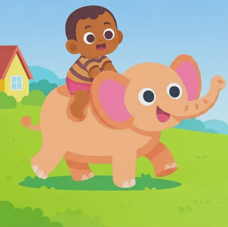 On the left side of the image, Boy sits astride Elephant's back, leaning forward with a happy, excited expression as he holds on. Elephant is walking through a grassy suburban yard, mid-stride with its trunk raised slightly and one front leg lifted. The scene is set outdoors on a bright, sunny day with a blue sky, green grass, and soft rolling hills in the background. The right portion of the image is open sky and distant landscape, clear of characters or detail.