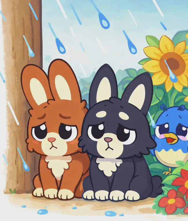 On the right side of the image, Brown Rabbit and Black Rabbit sit close together beside a tree trunk, looking out with sad, downcast expressions as rain falls around them. Blue raindrops streak down from above, and the rabbits appear to be sheltering near the base of the tree. Behind them, bright yellow sunflowers and red flowers fill the background, and Bird is perched among the sunflowers on the far right, looking small and huddled in the rain. The left side of the image is plain white background.