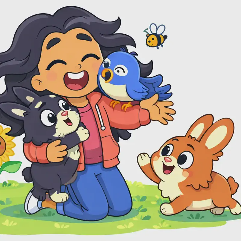 On the left side of the image, Girl is kneeling on the grass with a joyful, open-mouthed smile as the critters swarm her with affection. Black Rabbit is leaping into her arms, pressing close to her chest, while Brown Rabbit jumps toward her from the right, both looking happy and eager. Bird is perched on Girl's shoulder near her neck, nuzzling against her with wings spread. Girl has one arm outstretched, embracing the animals. In the background, Sunflower watches the reunion with a happy, warm expression, and Bee hovers nearby buzzing cheerfully. A patch of green grass is visible beneath them. The right ~40% of the image is plain white background.