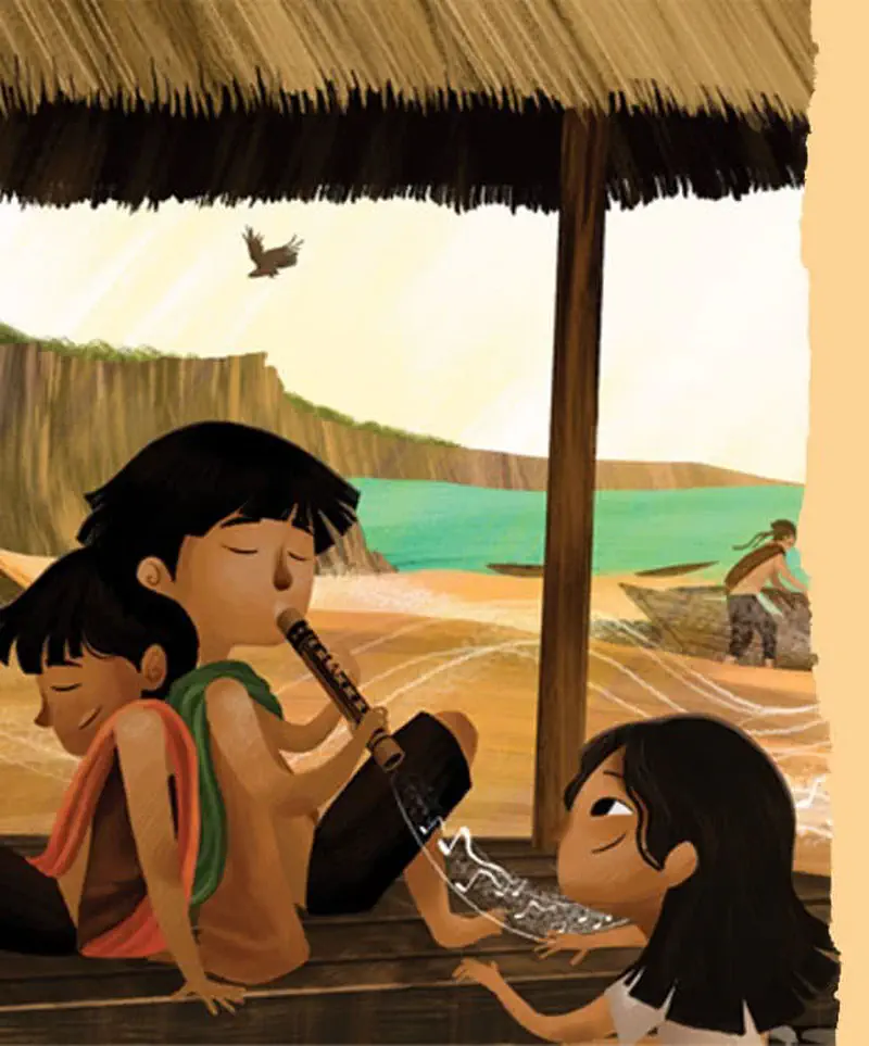 Children relax under a thatched roof hut by the beach, one playing a flute while another examines a carved figure, with boats in the distance.